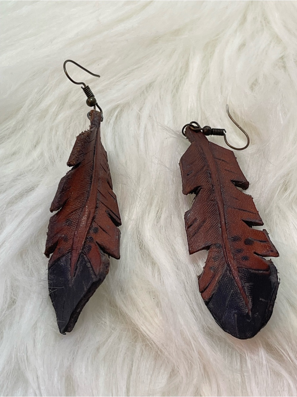 Leather Feather Drop Earrings - Brown and Black